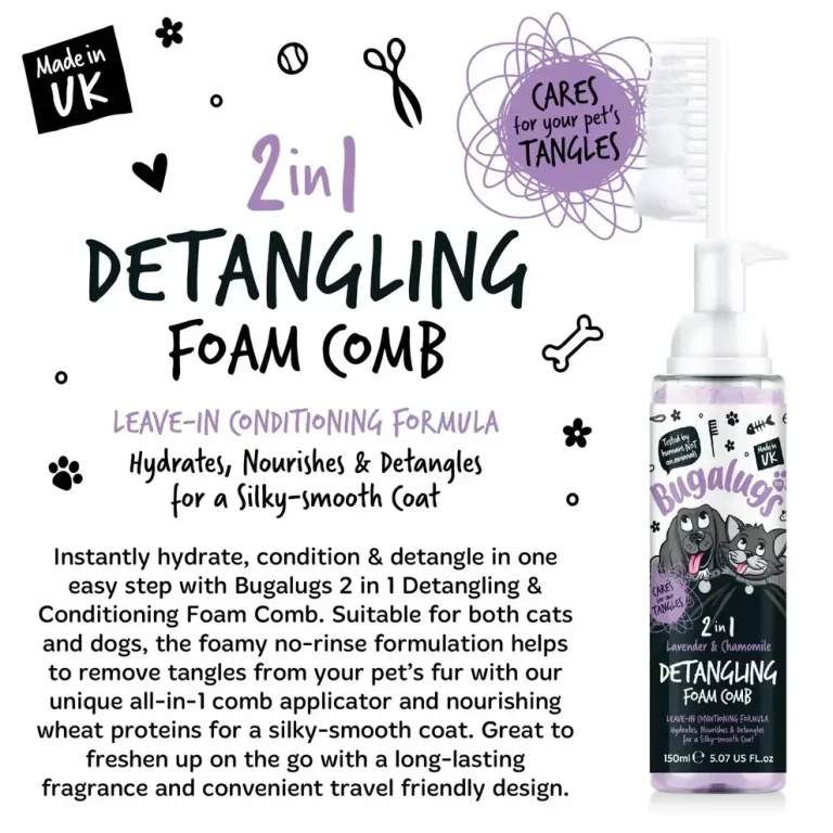 BugaLugs 2 in 1 Lavender & Chamomile Detangling Foam Comb for Dogs & Cats Успокояваща Пяна за Разресване 2в1 с Гребен 150ml - 3